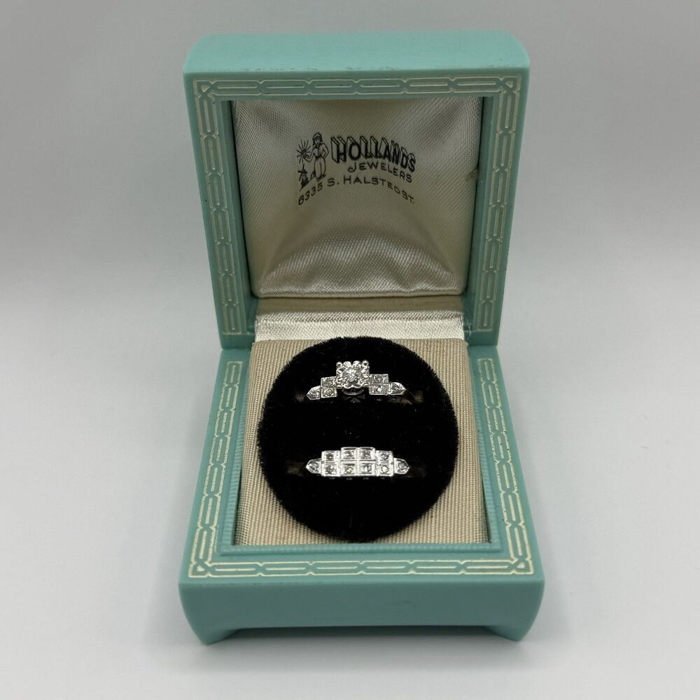 2PC 14KT WHITE AND YELLOW GOLD .15 CTW WEDDING SET ORIGINAL BOX SIGNED HOLLAND